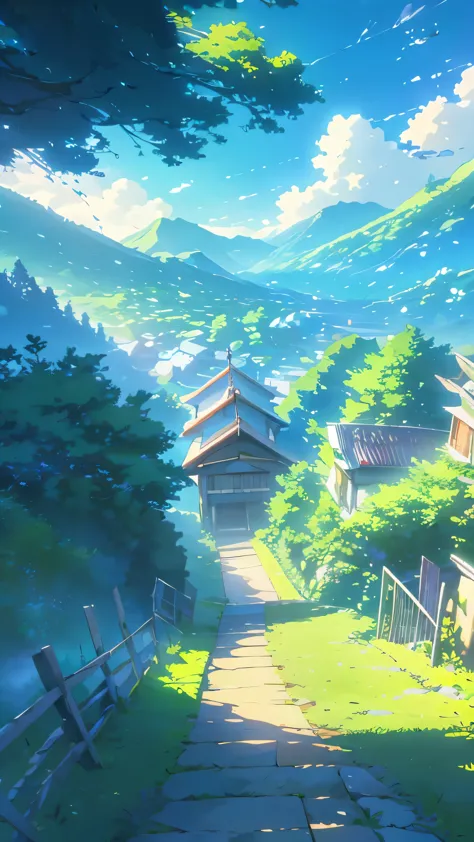 prompt:

create an anime-inspired landscape featuring a serene mountain scene with a vibrant blue sky filled with fluffy, toweri...