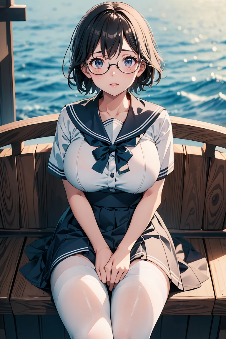 (highest quality), Super detailed), (Ultra High Resolution 8K), High-definition facial beauty, ((Skirt Lift)), A plain girl with glasses, (Big Breasts), (Looking up;1.3), Detailed sailor suit, Showing panties, pantyhose, (Blushing, Embarrassing), Very hot day, Shade, ((Sit down)), Panties that are damp, Makoto Shinkai Cyril Rolando, whitestar