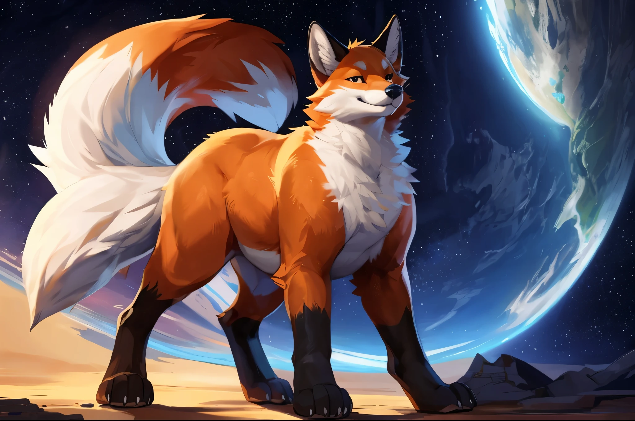 4k ultra quality, 4k full body view,(ultra high detailed body),((feral)) fox,by mystikfox61, by glitter trap boy,feral paws, by bebebebebe,by morethreedee, by seibear,(thick thigh),(chubby thigh),thicc thigh,thick legs,chubby legs,thicc legs,massive butt,enomorous thigh,massive thigh,massive legs,thick lower legs,wide legs,(detailed thigh),(wide thigh),fluffy belly sharp nails,((sfw)),(ultra detailed face),detailed eyes,big tail,fluffy tail,(detailed tail),enomorous tail,bigger tail,huge tail,volumetric light,big paws,(thick paws),fluffy paws,furry paws,enomorous paws,(feral focus), beast,(bigger lower body),(long legs),master works, super fine, 4k resolution, high quality,high picture detail,dark fantasy,illusory engine, Masterpiece,front view,dire fox,faint lighting,macro (feral) body,enomorous belly,chubby (feral) body,shiny fur,in space,macro,great fox