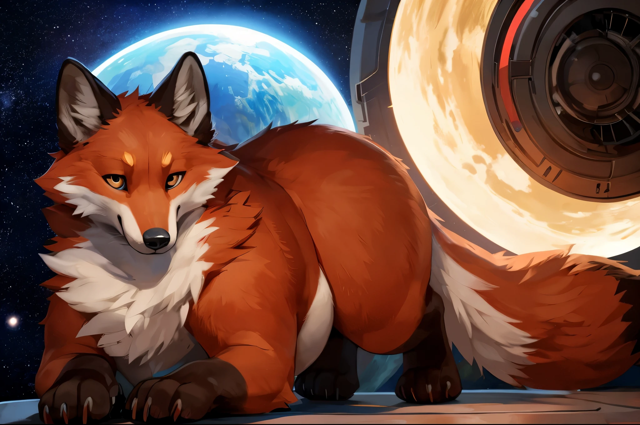 4k ultra quality, 4k full body view,(ultra high detailed body),((feral)) fox,by mystikfox61, by glitter trap boy,feral paws, by bebebebebe,by morethreedee, by seibear,(thick thigh),(chubby thigh),thicc thigh,thick legs,chubby legs,thicc legs,massive butt,enomorous thigh,massive thigh,massive legs,thick lower legs,wide legs,(detailed thigh),(wide thigh),fluffy belly sharp nails,((sfw)),(ultra detailed face),detailed eyes,big tail,fluffy tail,(detailed tail),enomorous tail,bigger tail,huge tail,volumetric light,big paws,(thick paws),fluffy paws,furry paws,enomorous paws,(feral focus), beast,(bigger lower body),(long legs),master works, super fine, 4k resolution, high quality,high picture detail,dark fantasy,illusory engine, Masterpiece,front view,dire fox,faint lighting,macro (feral) body,enomorous belly,chubby (feral) body,shiny fur,in space,macro,giga,great fox