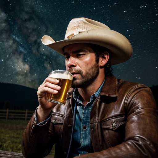 ((Masterpiece)) ((High resolution)) (1:1) Sad cowboy drinking a beer in the rain in the night starry sky