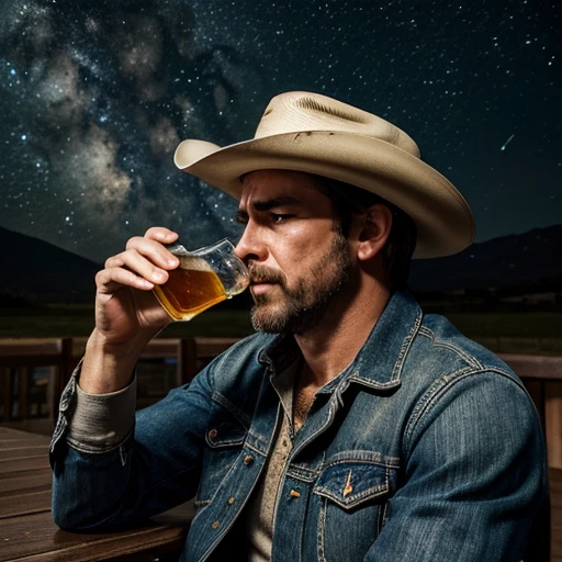 ((Masterpiece)) ((High resolution)) (1:1) Sad cowboy drinking a beer in the rain in the night starry sky