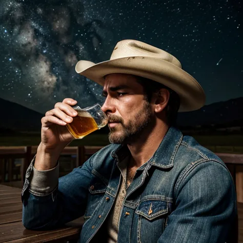 ((Masterpiece)) ((High resolution)) (1:1) Sad cowboy drinking a beer in the rain in the night starry sky