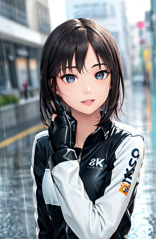 ((highest quality, 8k, masterpiece: 1.3)), sharp: 1.2, Perfect body beauty: 1.4, Slim Abs: 1.2, (((Layered Hairstyles, big)), Racing Suits, (rain, street: 1.2), Wet: 1.5, Highly detailed face and skin texture, Fine grain, double eyelid, looking at the camera、Full Body、circuit、