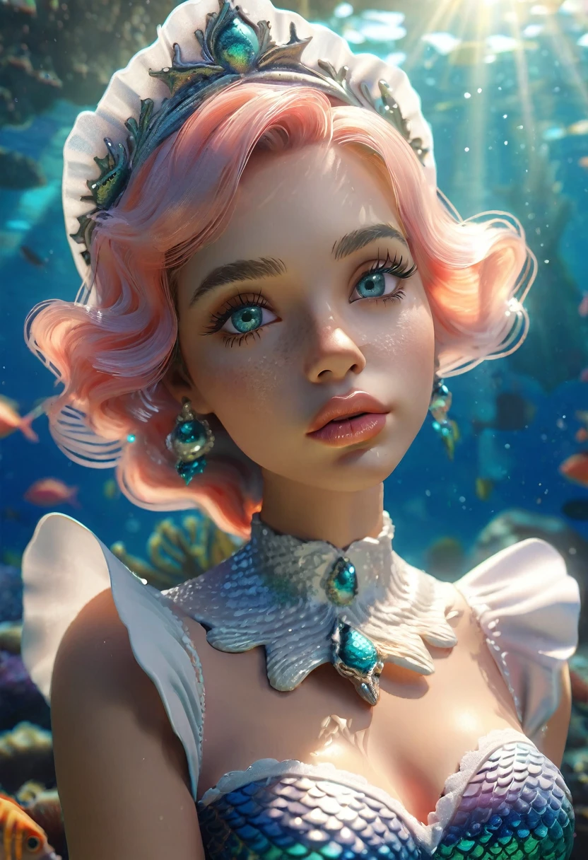 mermaid in maid outfit, beautiful detailed eyes, beautiful detailed lips, extremely detailed face and skin, long eyelashes, delicate features, intricate maid dress, ((underwater cafe)), coral reef, sunlight shimmering on water, photorealistic, 8k, highly detailed, cinematic lighting, vibrant colors, fantasy, magical realism
