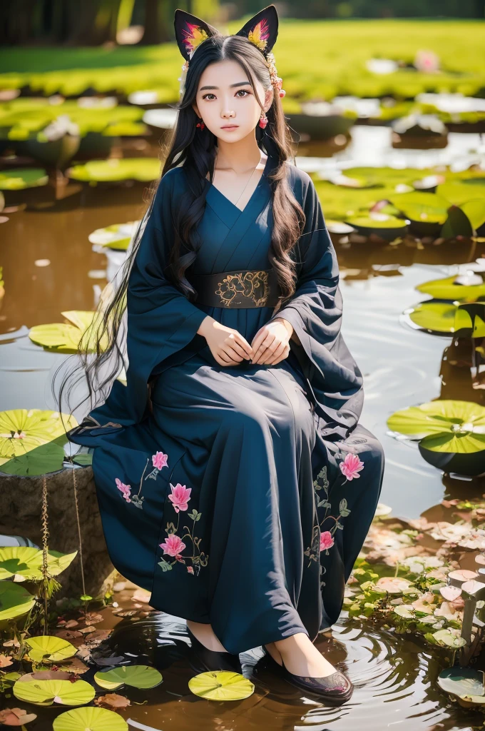 생기 넘치는 중국 한푸 복장을 입은 16세 소녀, 연꽃 연못 물 위에 앉아, 여우 귀로, 떠다니는 머리카락과 드레스, 아름다운 소녀의 상세한 초상화, 간단한 라인 아트, 복잡한 세부 사항, 걸작, 생생한 색상, 높은 해상도, 매우 상세한