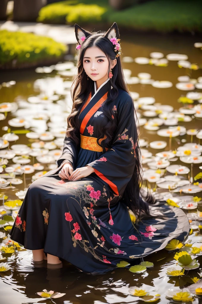 ein 16 Jahre altes Mädchen in einem lebendigen chinesischen Hanfu Kleid, auf dem Wasser eines Lotusteichs sitzen, Mit Fuchsohren, schwebendes Haar und Kleid, Detailliertes Porträt eines schönen Mädchens, Einfache Strichzeichnungen, komplizierte Details, Meisterwerk, lebendige Farben, hohe Auflösung, Hyperdetailliert