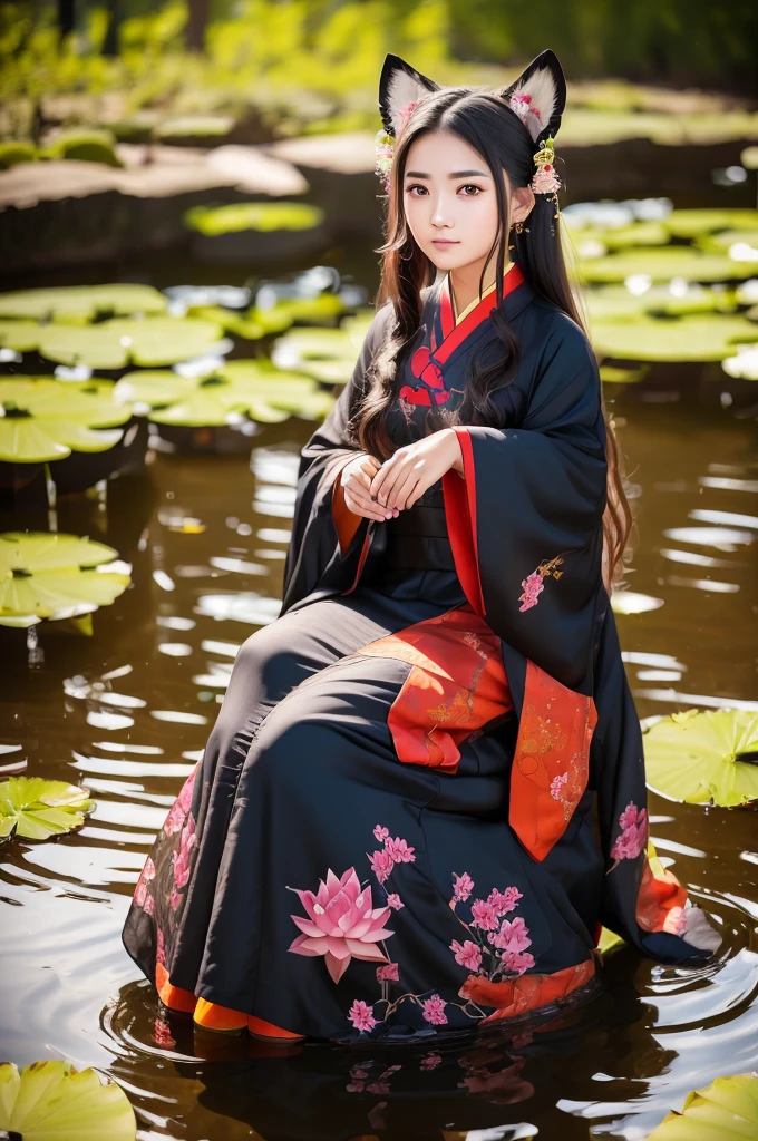 a 16 year old girl in a vibrant chinese hanfu dress, sitting on the water of a lotus pond, with fox ears, floating hair and dress, detailed portrait of a beautiful girl, simple line art, intricate details, masterpiece, vivid colors, high resolution, hyper detailed
