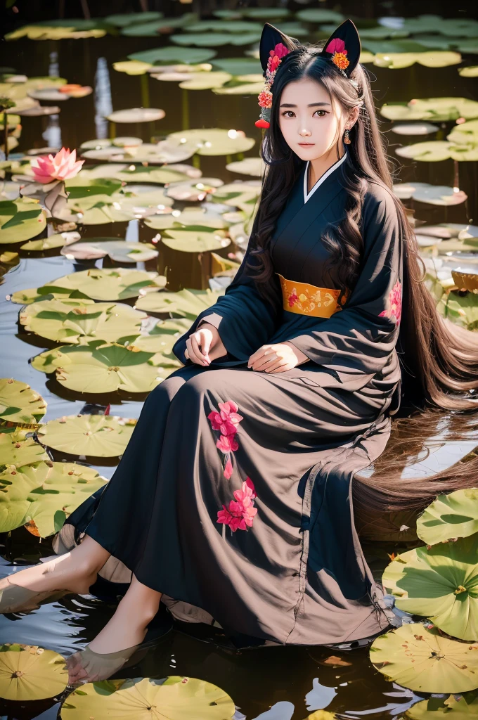 ein 16 Jahre altes Mädchen in einem lebendigen chinesischen Hanfu Kleid, auf dem Wasser eines Lotusteichs sitzen, Mit Fuchsohren, schwebendes Haar und Kleid, Detailliertes Porträt eines schönen Mädchens, Einfache Strichzeichnungen, komplizierte Details, Meisterwerk, lebendige Farben, hohe Auflösung, Hyperdetailliert