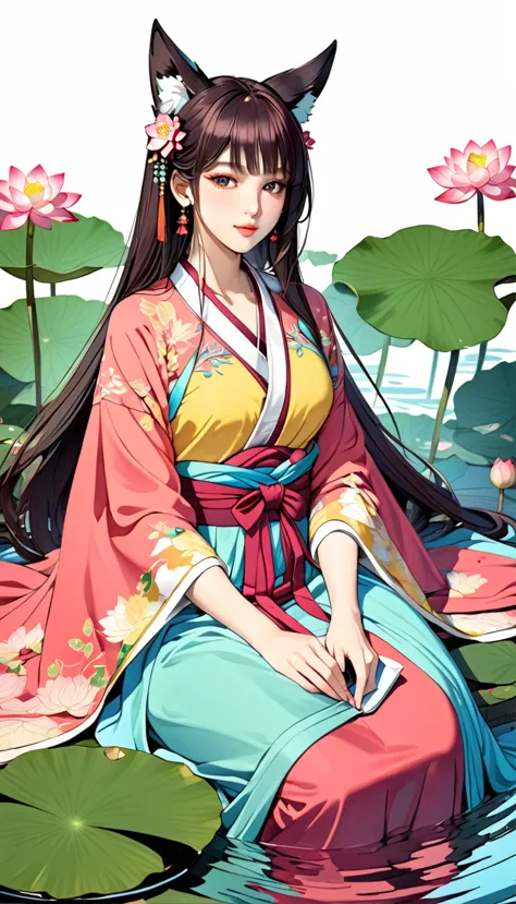 a 16 year old girl in a vibrant chinese hanfu dress, sitting on the water of a lotus pond, with fox ears, floating hair and dres...