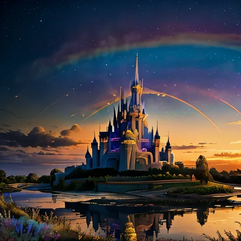 Princess Cinderella Disney castle with night sky and a rainbow in the background