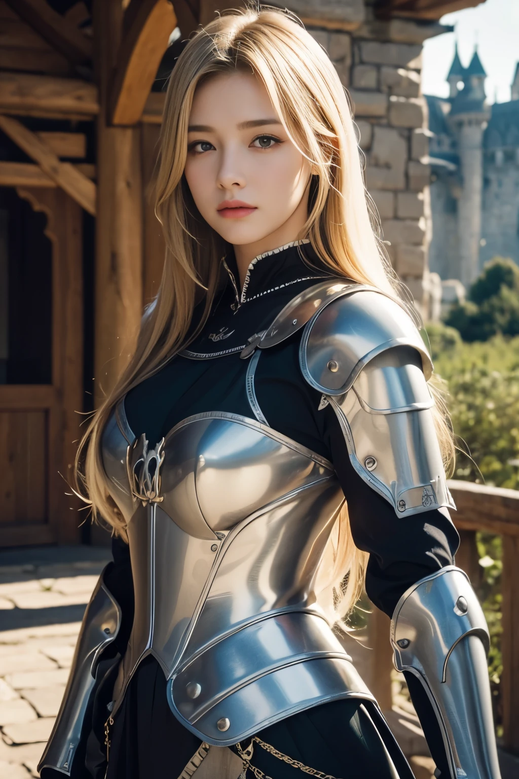 realistic lighting, top quality, 8K resolution, (masterpiece: 1.3), (clear focus: 1.2), 1 girl, delicate face, large double eyelids, sensuous expression, long blonde hair, knight, Armor, Long knives, Magic, Out, (date: 1.1), 1080p, hyper hd, group, very detailed, best quality, high detail, best quality, (cowboy_shot) , medieval castle background,