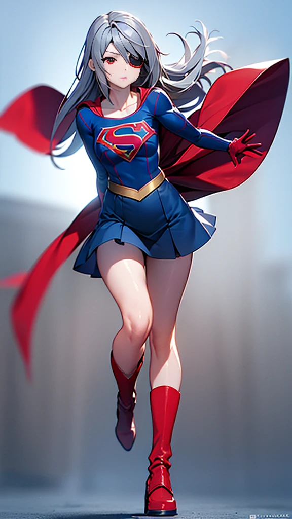 (full body), (masterpiece:1.2), (Highest_quality:1.2), (Ultra_detailed:1.3), 8k,Low - Angle，From below，Big Butt Girl, Medium chest, Pose in front,Bare legs，Long boots in red，3D Rendering,( Supergirl)，laura bodewig, long hair, (red eyes:1.3), grey hair, eyepatch,Red Skirt，the skirt is short,，A blue leotard is visible under the skirt.，The skirt is blown up by the wind，Red Cape，Gloves，Simple Background，White Background，