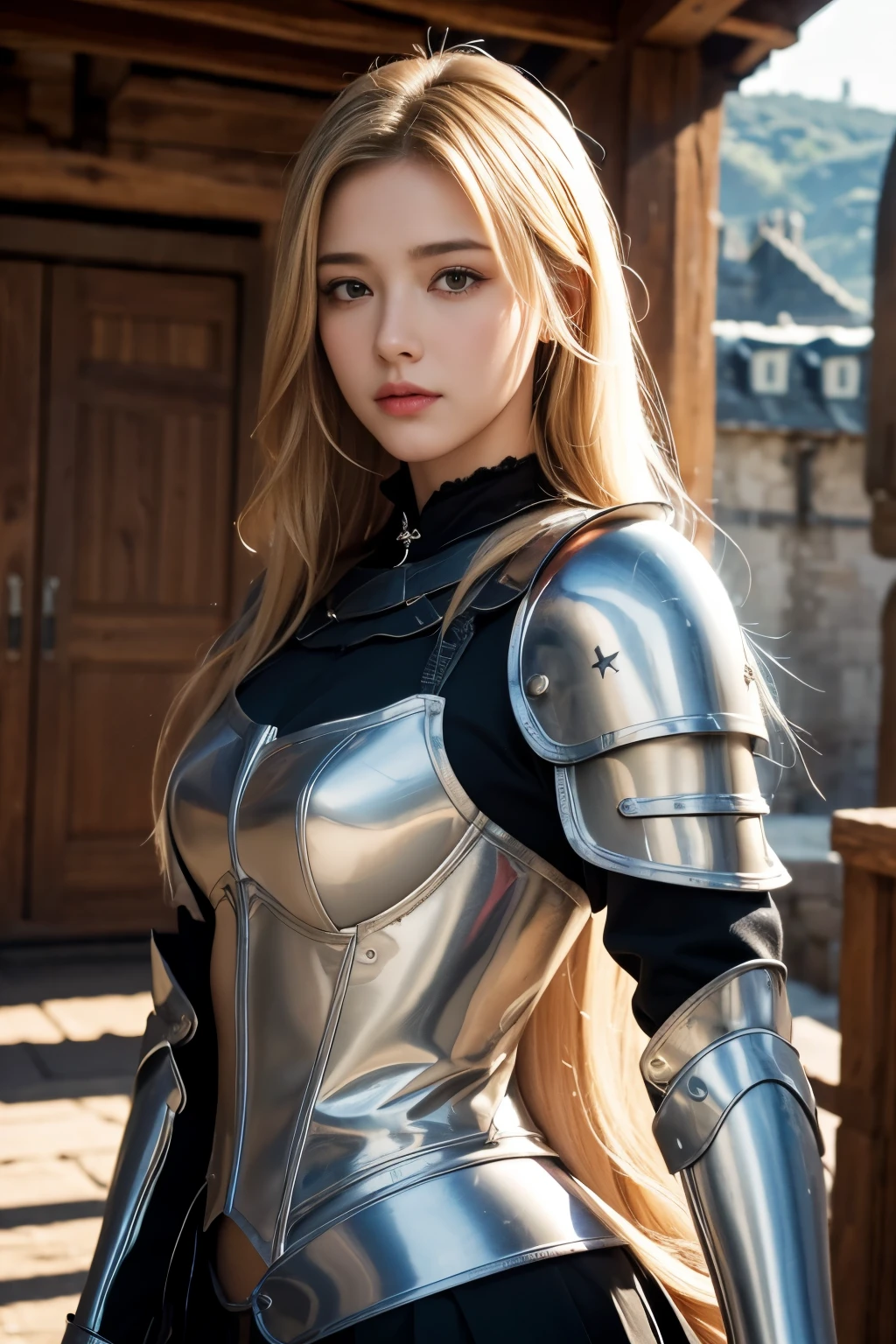 realistic lighting, top quality, 8K resolution, (masterpiece: 1.3), (clear focus: 1.2), 1 girl, delicate face, large double eyelids, sensuous expression, long blonde hair, knight, Armor, Long knives, Magic, Out, (date: 1.1), 1080p, hyper hd, group, very detailed, best quality, high detail, best quality, (cowboy_shot) , medieval castle background, Random Actions,