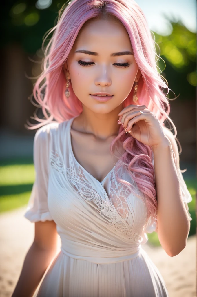 A beautiful young girl with extremely detailed, closed eyes, pink hair, and a white dress, standing at the entrance of a villa, (best quality,4k,8k,highres,masterpiece:1.2),ultra-detailed,(realistic,photorealistic,photo-realistic:1.37),HDR,UHD,studio lighting,ultra-fine painting,sharp focus,physically-based rendering,extreme detail description,professional,vivid colors,bokeh,portrait
