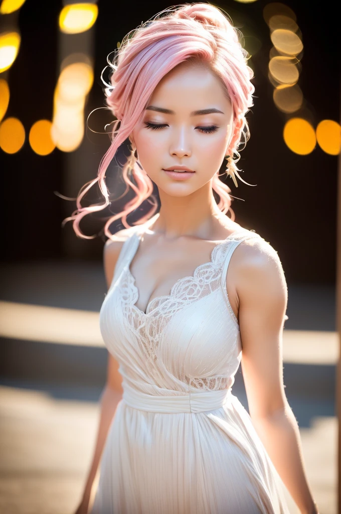 A beautiful young girl with extremely detailed, closed eyes, pink hair, and a white dress, standing at the entrance of a villa, (best quality,4k,8k,highres,masterpiece:1.2),ultra-detailed,(realistic,photorealistic,photo-realistic:1.37),HDR,UHD,studio lighting,ultra-fine painting,sharp focus,physically-based rendering,extreme detail description,professional,vivid colors,bokeh,portrait