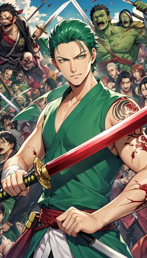 もっとa close-up of a person wielding a sword in front of a horde of zombies, roronoa zoro, stunning anime 8k, 4k manga wallpaper, ...