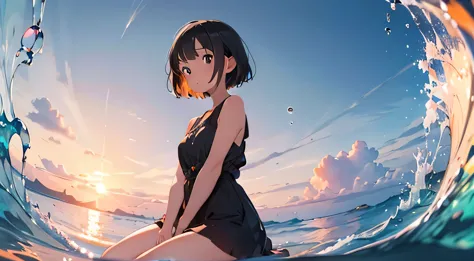 girl with short black hair，sitting on the beach, headphone, ocean, wave, sunset, lots of colorful bubbles，lots of sparkling, a s...