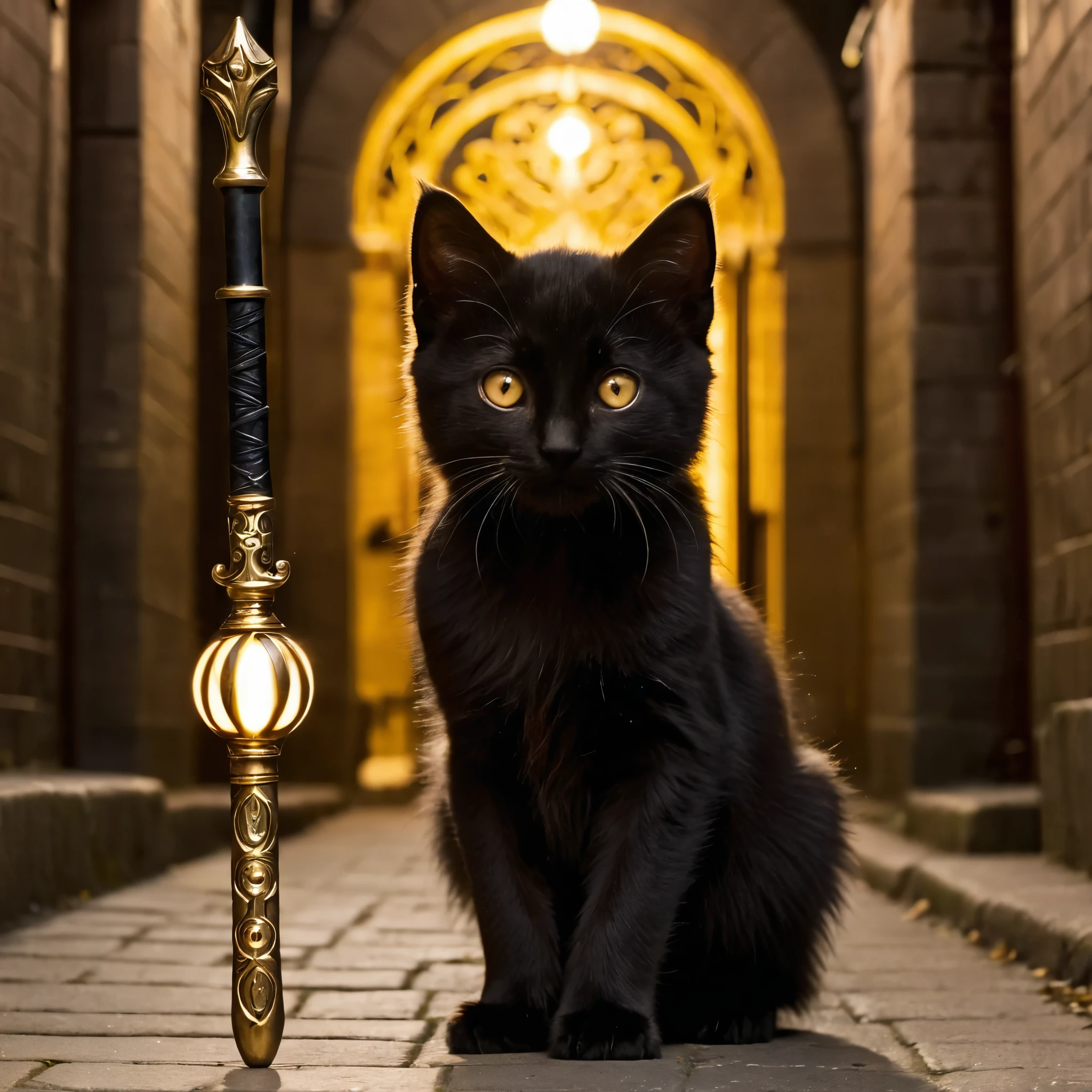 High Quality, Detailed Eyes, Solo, Front Facing POV, Looking at Maker, Kitten, single, bipedal, Black Fur, Black, Golden Eyes, Magic Staff, (Golden Mana 1:2), Moonlight background, Cyberpnk background, Alley Way View,