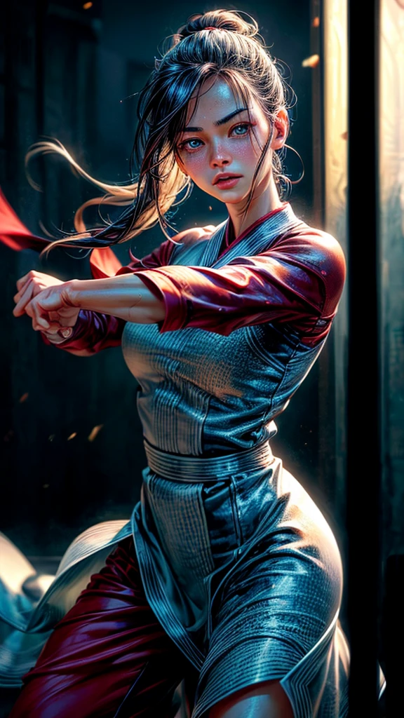 1fille, jeune femme blanche, Ip Man, Wing Chun, Arts martiaux, combat intense, traits du visage détaillés, Beaux yeux, Lèvres pleines, vêtements détaillés, poses dynamiques, Éclairage cinématographique, tons de couleurs maussades, ombres dramatiques, (Meilleure qualité,4k,8k,haute résolution,chef-d&#39;œuvre:1.2),ultra-détaillé,(Réaliste,photoRéaliste,photo-Réaliste:1.37),composition cinématographique,Couleurs vives,Éclairage dramatique,action intense