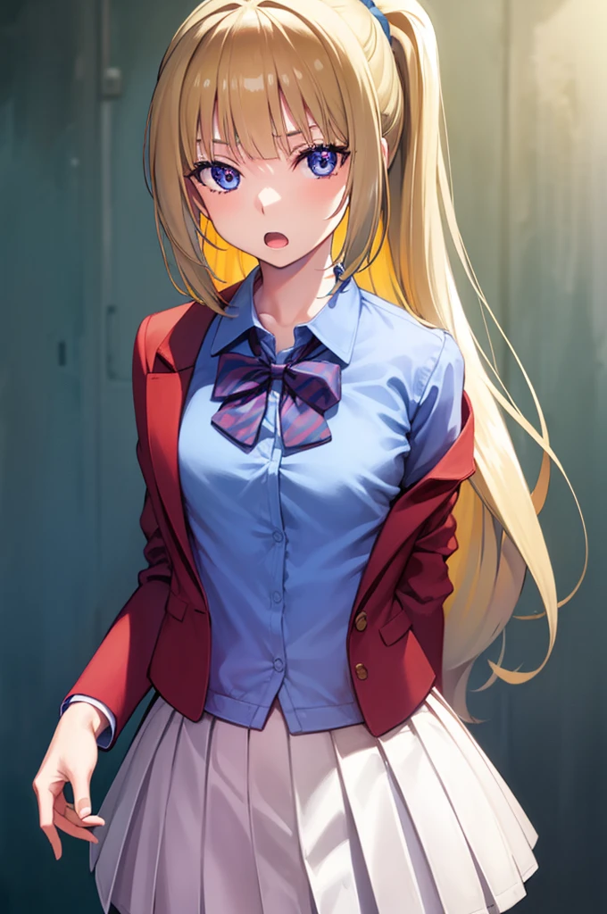 keikaruizawa, kei karuizawa, long hair, bangs, blunt bangs, (purple eyes:1.1), blonde hair, shirt, hair ornament, ponytail, scrunchie, blue scrunchie, (small breast:1.2), open mouth,
BREAK skirt, shirt, bow, , jacket, (red jacket:1.2), pleated skirt, bowtie, sweater, (blue bow:1.2), (blue shirt:1.2),
BREAK indoors, classroom,
BREAK looking at viewer, (cowboy shot:1.5),
BREAK (masterpiece:1.2), best quality, high resolution, unity 8k wallpaper, (illustration:0.8), (beautiful detailed eyes:1.6), extremely detailed face, perfect lighting, extremely detailed CG, (perfect hands, perfect anatomy),