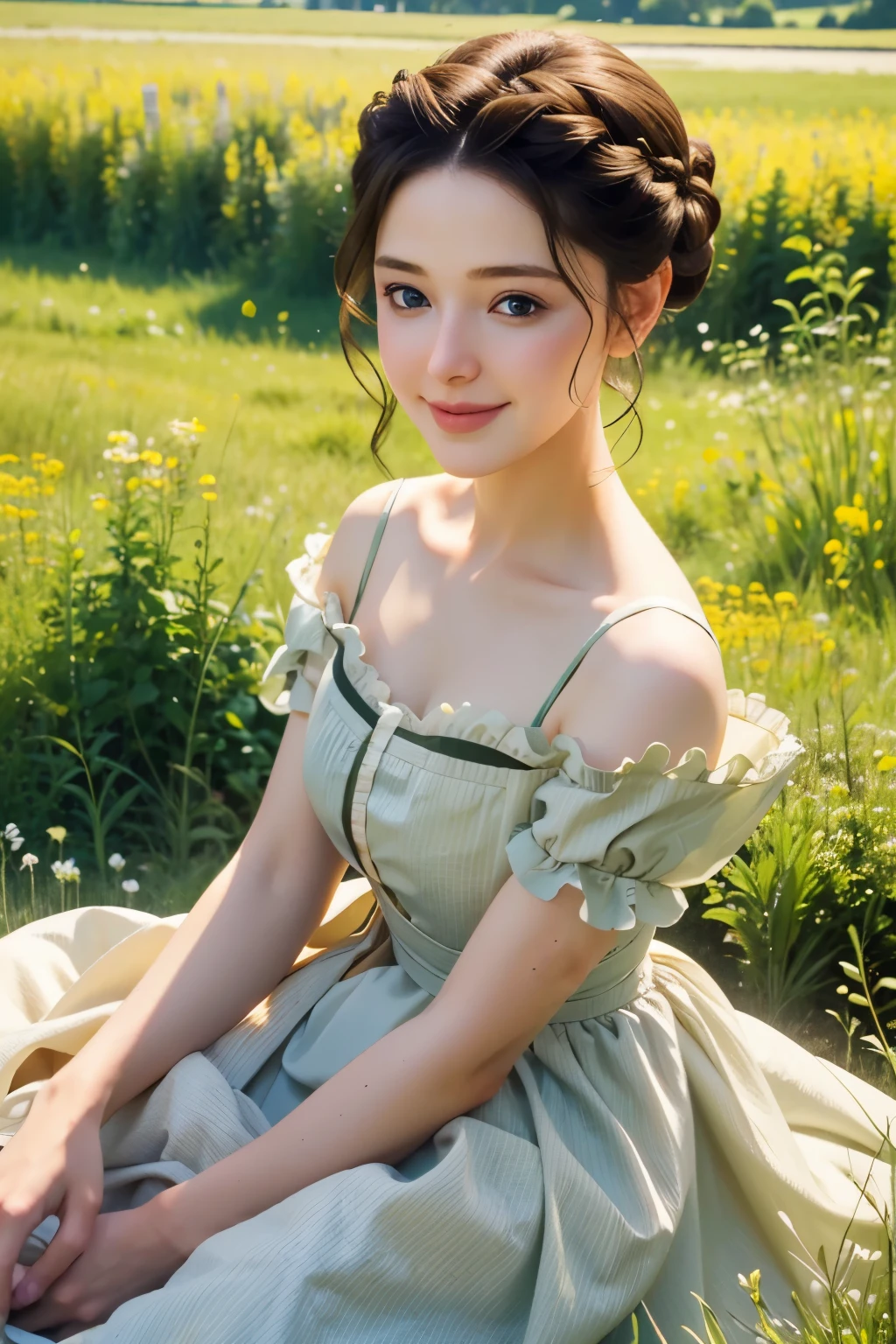 ((masterpiece, best quality))
 Asa Ebi, 1 woman, alone, brown hair, green eyes, hair updo, in a wildflower field, wearing a flowing dress, smiling