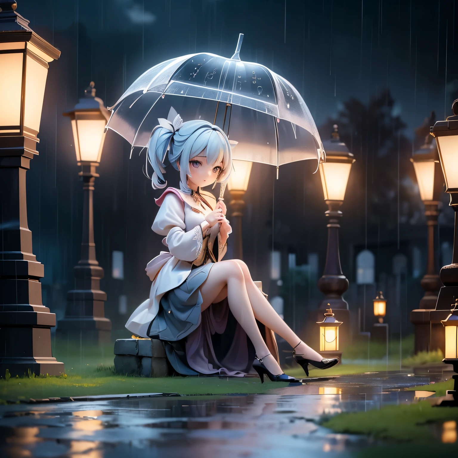 (Extremely detailed CG unity 8k wallpaper), Beautiful young woman in the rain, skirt, sit, Cemetery with lanterns, Style Empire, (Style - Glass), (((Surrealism))), full_Body_shooting, Dramatic, Backlight, light, Volumetric Lighting, Delicate face, Very detailed, 