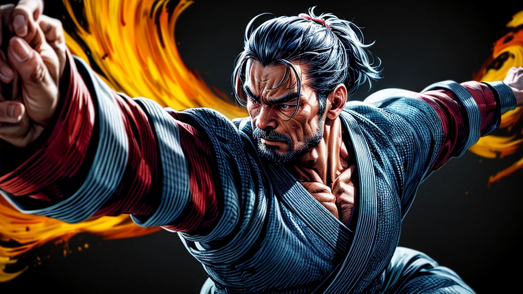 detailed portrait of a kung fu master, 1 man, detailed face and body, extremely detailed martial arts pose, dynamic action, high-quality, photo-realistic, cinematic lighting, dramatic colors, muscular physique, intense expression, detailed clothing, intricate martial arts details, dynamic motion blur, cinematic depth of field, award-winning photography