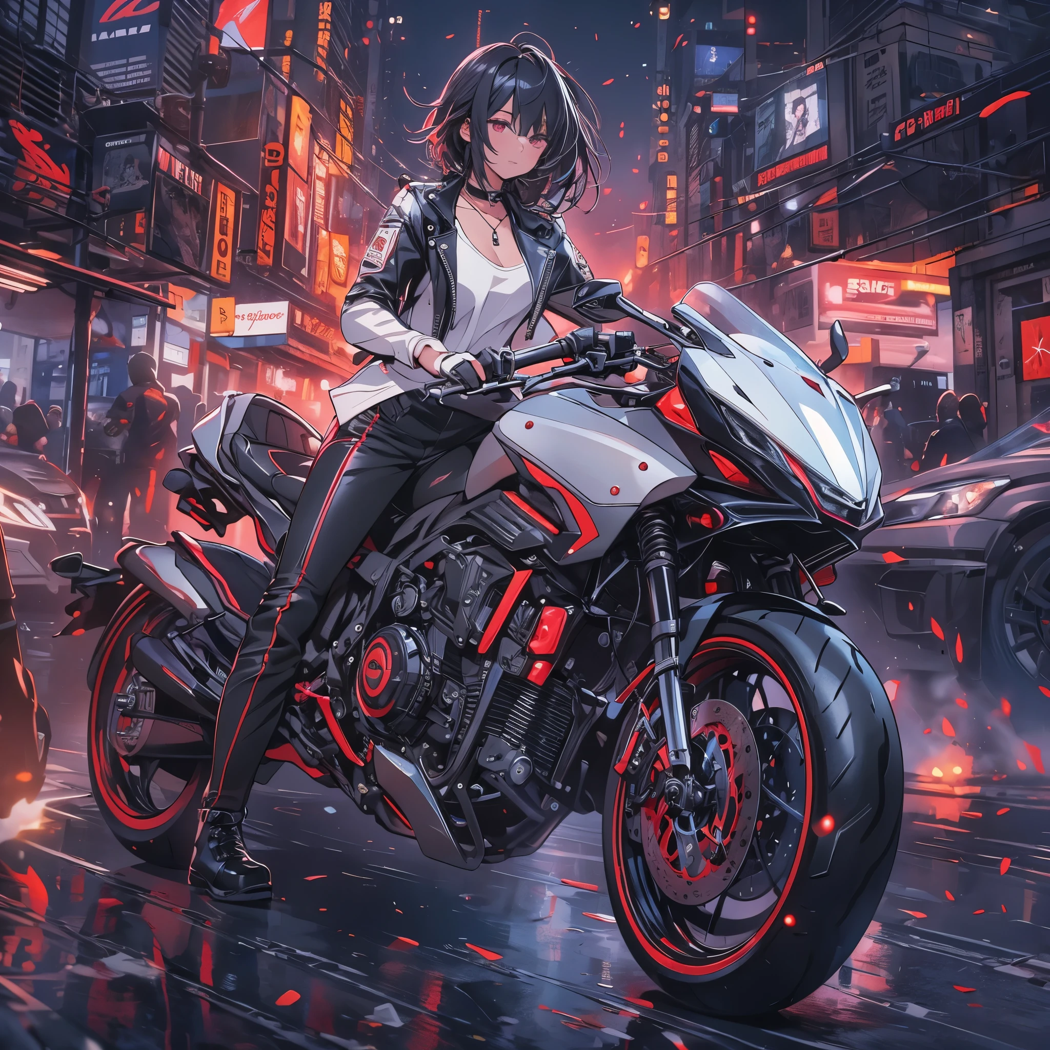 Girl on a motorcycle, Black leather jacket, White shirt, Damaged Jeans, Leather Boots, Have a helmet, motorcycle, black hair, colored inner hair, hair over shoulder, floating hair, tsurime, red eyes, parted lips, full body, anime style, depth of field, cinematic lighting, bloom, UHD, retina, masterpiece, ccurate, anatomically correct, textured skin, super detail, high details, high quality, award winning, best quality, highres, 4K