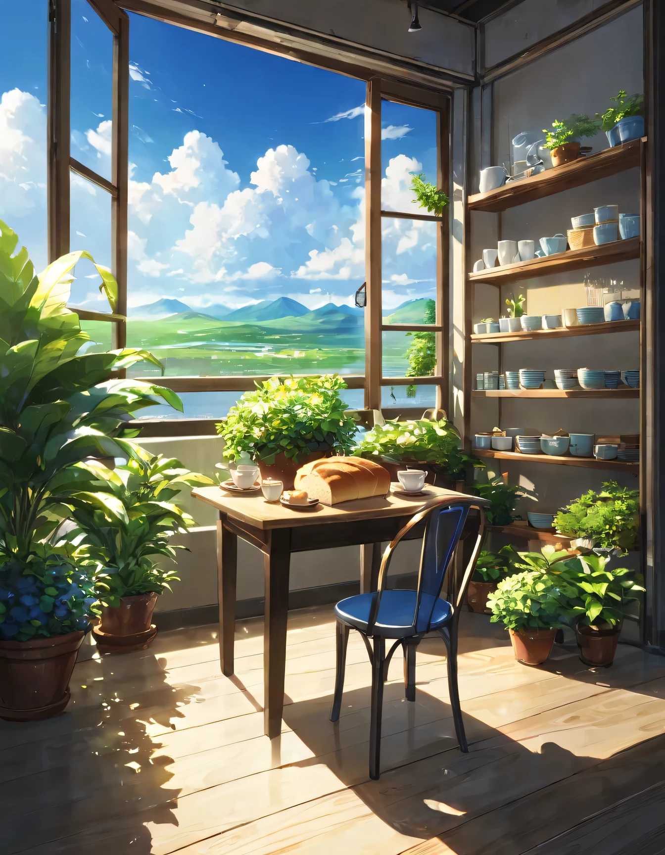 (Meisterwerk:1.2), beste Qualität,pixiv,Warme animierte Szenen,
Landschaft, keine Menschen, Himmel, Anlage, Fenster, Essen, Wolke, Himmel, Tasse, shelf, Baum, fähig, tfähig, Flasche, Sonnenlicht, blue Himmel, drinnen, potted Anlage, brot, Platte, Stuhl, Geschäft, Elektrolüfter, 
 