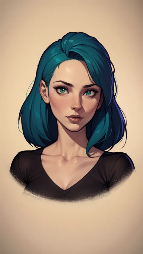 um desenho de uma mulher com uma blusa verde e cabelo preto, estilo de arte de charlie bowater, arte do personagem charlie bowat...