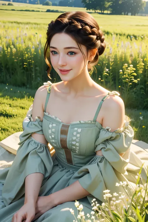 ((masterpiece, best quality))
 asa ebi, 1 woman, alone, brown hair, green eyes, hair updo, in a wildflower field, wearing a flow...