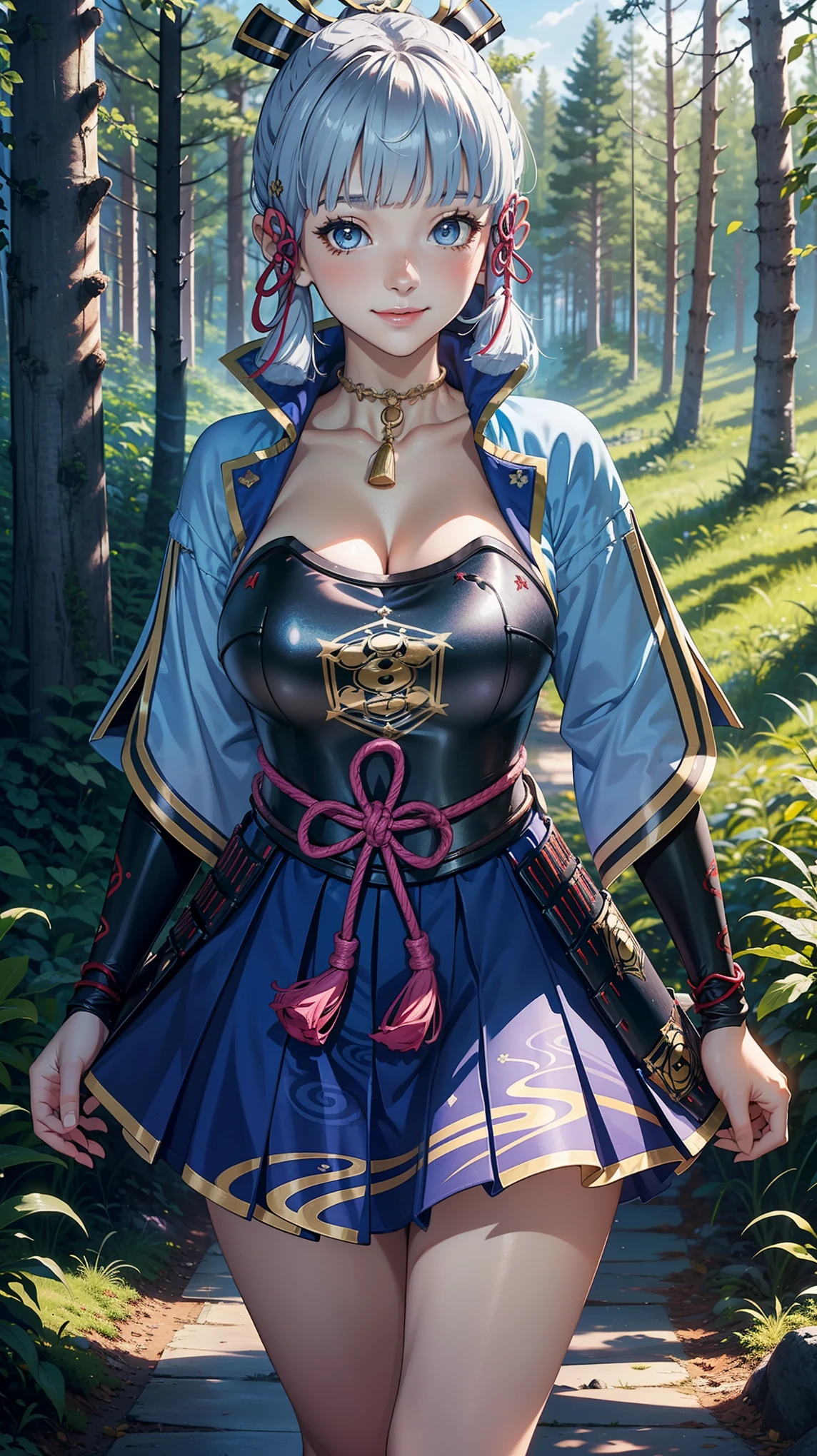 (Kamisatoayakadef), slim body, narrow waist, blush, official art, detail eyes, cg, standing, forest, (expansive landscape photography:1.2),perfect body, smile, colourfull, (huge breasts)