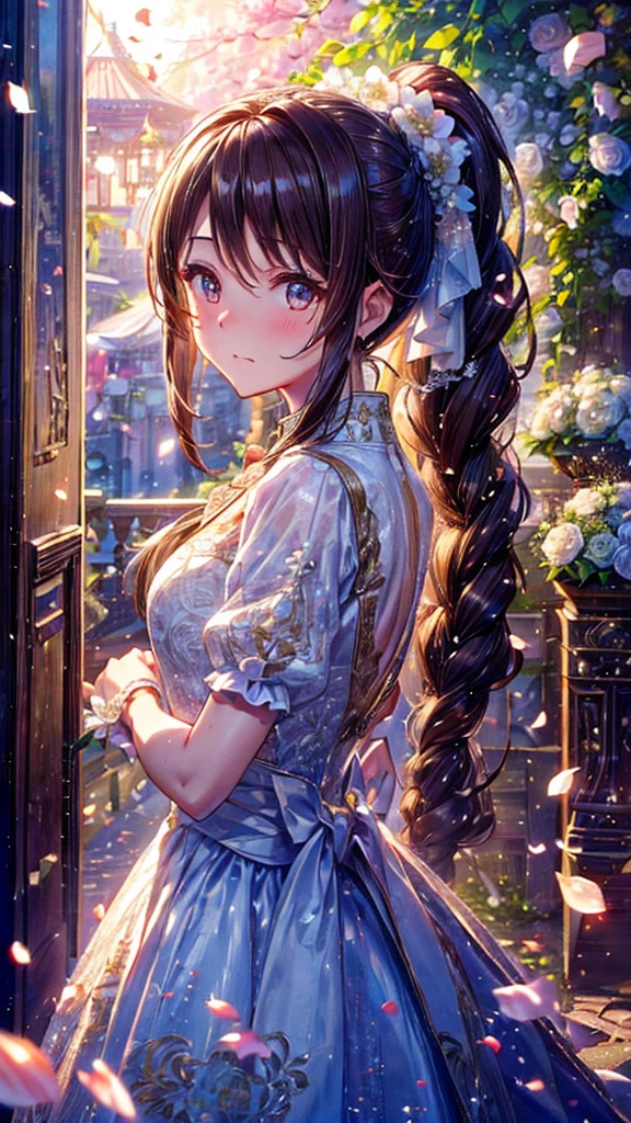 The expression is embarrassed、Braiding、ponytail、Brown Hair、Stylish、Wedding dress、girl、Background wedding white rose petals fluttering、art、high resolution、high quality、(((High Vision 1,5))    