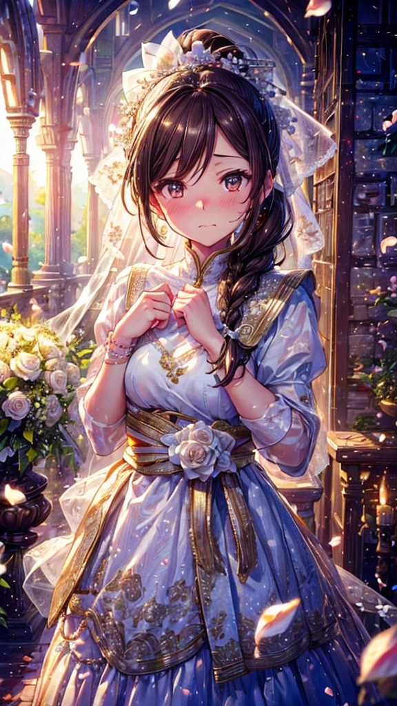 The expression is embarrassed、Braiding、ponytail、Brown Hair、Stylish、Wedding dress、girl、Background wedding white rose petals fluttering、art、high resolution、high quality、(((High Vision 1,5))    