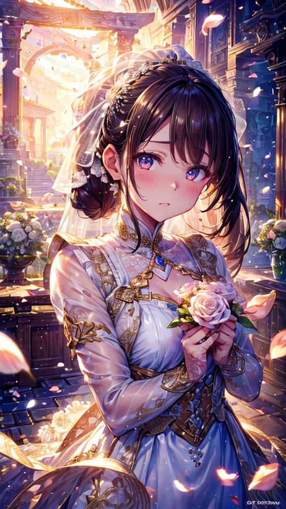 The expression is embarrassed、Braiding、ponytail、Brown Hair、Stylish、Wedding dress、girl、Background wedding white rose petals fluttering、art、high resolution、high quality、(((High Vision 1,5))    