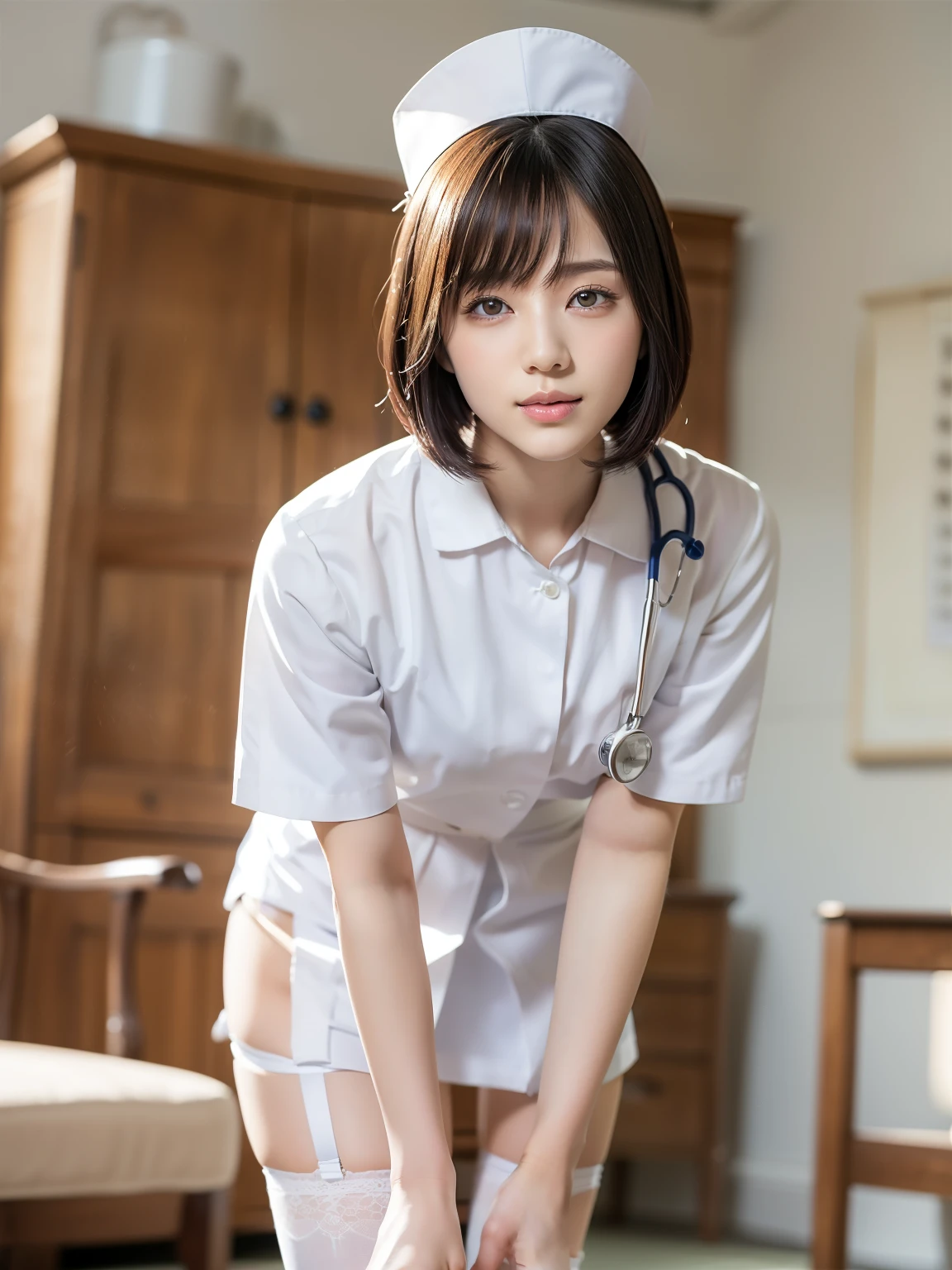 (Best quality: 1.5), (Realistic: 1.5), (1 person: 1.5), (Very detailed), (High resolution), 8k, shoot from below, (Japanese woman), ((White nurse uniform)), (Nurse cap), (micro mini skirt), (medium breasts), natural colored lips, cute smile, 20 year old girl, (beautiful and elaborate face), (perfect and beautiful face), (big eyes), (beautiful and elaborate face), (left and right balance) Beautiful eyes), Beautiful double eyelids, Perfect and beautiful face, Thin arched eyebrows, Slim face, (Slim figure), Beautiful thin nose, Beautiful skin, (Medium bob hair), Natural bangs, Fair skin, Front view lighting, (lighting the face), dark blue eyes, slim waistline, slender beautiful legs, nurse,  Stethoscope, (crouching), (wearing a white colored garter belt and white knee-high stockings), white nurse clothes, Health Room、
