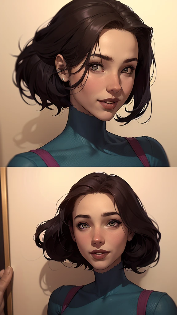 um desenho com um sorriso feliz de uma mulher com uma  e cabelo preto, Estilo de arte de Charlie Bowater, arte do personagem Charlie Bowater, drawn in the style of digite germe, estilo de charlie bowater, digite germe. alto detalhe, digite germe style, retrato de personagem em close, digite germe portrait, style digite germe, neoartcore e charlie bowater com. Um sorriso feliz