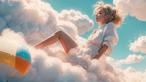 masterpiece, best quality, movie still, 1girl, floating in the sky, cloud girl, cloud, (close-up:1.1), bright, happy, fun, soft ...