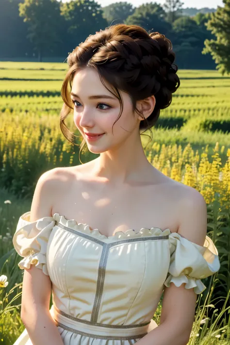 ((masterpiece, best quality))
 asa ebi, 1 woman, alone, brown hair, green eyes, hair updo, in a wildflower field, wearing a flow...