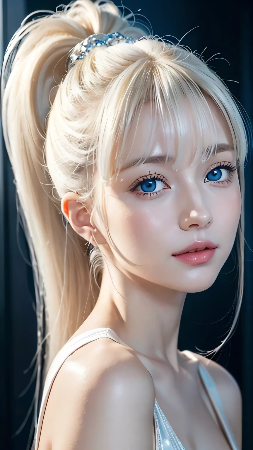 Polaire、、expression lumineuse、queue de cheval、jeune, peau blanche et éclatante、Super look、Les cheveux réfléchissent la lumière、une frange sur les yeux、cheveux blonds platine naturels，Briller、cheveux brillants et brillants,、Cheveux très longs et soyeux、Belle frange brillante、De grands yeux bleu vif pétillants，Il&#39;c&#39;est comme ça&#39;c&#39;est limpide，Fascinant、Une fille de 14 ans très gentille et adorable.、Buste ample、Beauté du petit visage、Visage rond、à quatre pattes、allongé、allongé sur le dos