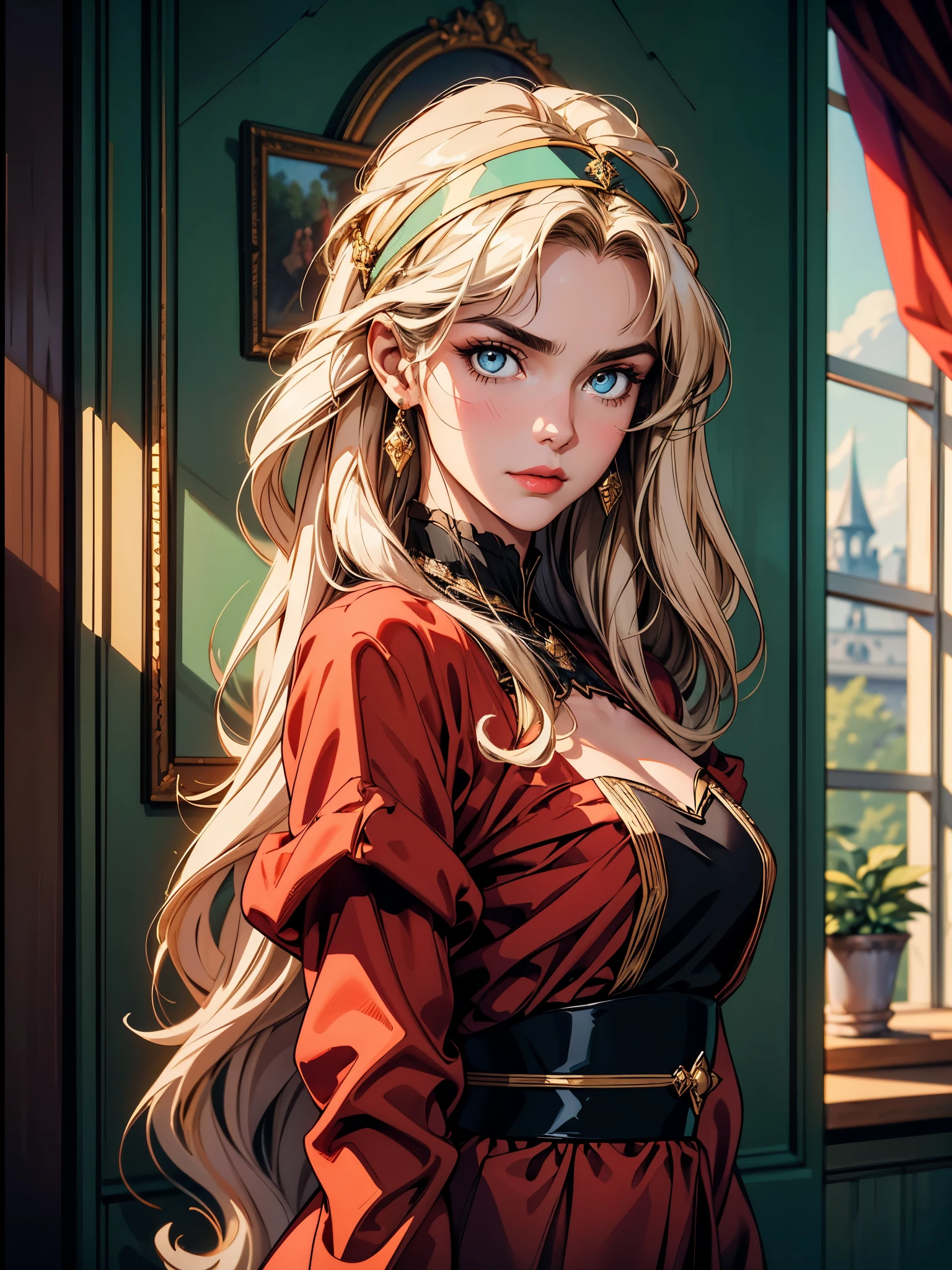 A girl with long golden hair, choppy bangs, Nordic heritage, a  figure, delicate facial features, pale skin, porcelain skin, an innocent yet determined gaze, she wears an exquisite headband, dressed in a fantasy-style Slavic royal dress, a fur shawl draped over her shoulders, wide sleeves, a luxurious layered skirt, the background features a fantasy-style royal castle, this character embodies a finely crafted fantasy-style Slavic princess in anime style, exquisite and mature manga art style, high definition, best quality, highres, ultra-detailed, ultra-fine painting, extremely delicate, professional, anatomically correct, symmetrical face, extremely detailed eyes and face, high quality eyes, creativity, RAW photo, UHD, 32k, Natural light, cinematic lighting, masterpiece-anatomy-perfect, masterpiece:1.5,  very seductively provocative smirk, sultry look, seductive, 