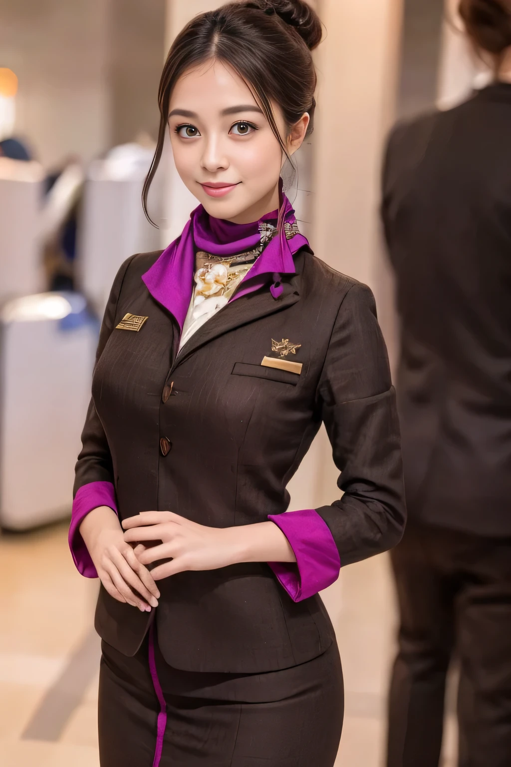 (chef-d&#39;œuvre:1.2、la plus haute qualité:1.2)、32K HDR、haute résolution、(seul、1 fille、silhouette mince)、（Une reproduction réaliste de l&#39;uniforme du personnel de cabine d&#39;ETIHAD Airways）、 (Au comptoir de l&#39;aéroport, Éclairage professionnel)、Fond de mur de comptoir d&#39;aéroport、Une vraie femme, Beau visage,、（Uniforme du personnel de cabine à manches longues d&#39;ETIHAD Airways）、（Jupe d&#39;uniforme ETIHAD Airways Cabincrew avec bande violette sur le devant）、（foulard sur la poitrine）、Gros seins、（Cheveux longs、Chignon）、les cheveux brun foncé、Tir lointain、（（De belles mains：2.0））、（（Des proportions corporelles harmonieuses：1.5））、（（Membres normaux：2.0））、（（Doigt normal：2.0））、（（Yeux délicats：2.0））、（（Yeux normaux：2.0））)、Belle posture debout、sourire、Placez vos mains autour de votre ventre