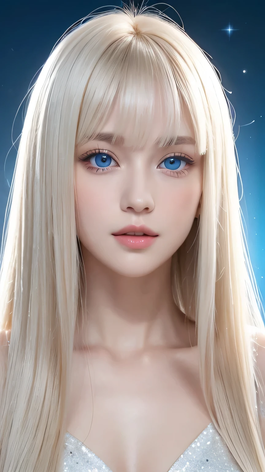 Polar、、expressão brilhante、Jovem, pele branca e radiante、Ótima aparência、O cabelo reflete a luz、franja sobre os olhos、Cabelo loiro platinado natural，Brilhar vivamente、Cabelo brilhante e brilhante,、Cabelo liso super longo e sedoso、Franja linda e brilhante、Grandes olhos azuis brilhantes brilhando，Isto&#39;é assim&#39;é cristalino，Fascinante、Uma garota de 14 anos muito gentil e adorável.、Busto amplo、beleza de rosto pequeno、rosto redondo、de quatro、Deitado、Deitado de costas
