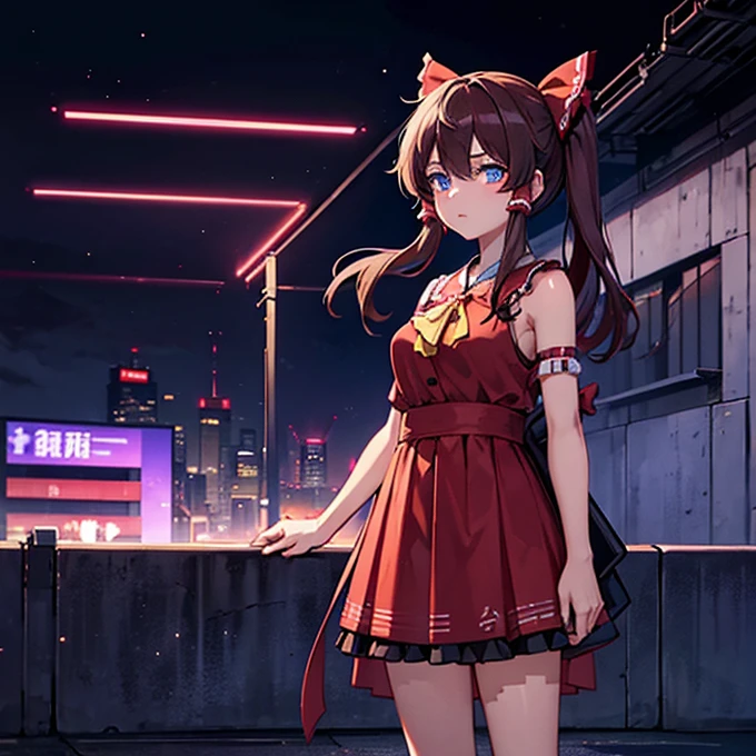 1 girl, Reimu Hakurie, touhou, masterpeice, brown hair, glowing blue eyes, alternate costume, cyber punk art style, cyber punk background