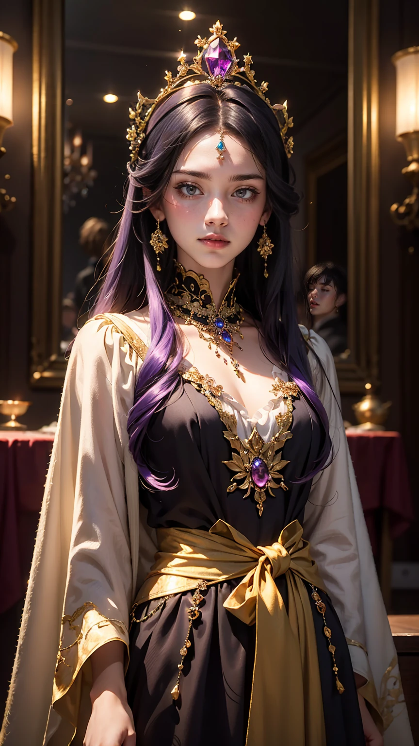 (((masterpiece))), highest quality, figure, 4K wallpaper, Cinematic Light, Absurd, Portrait of a Girl, Long Hair, Purple crystal hair, Shiny Hair, Bloom Hair, Clothing Princess, Look ahead