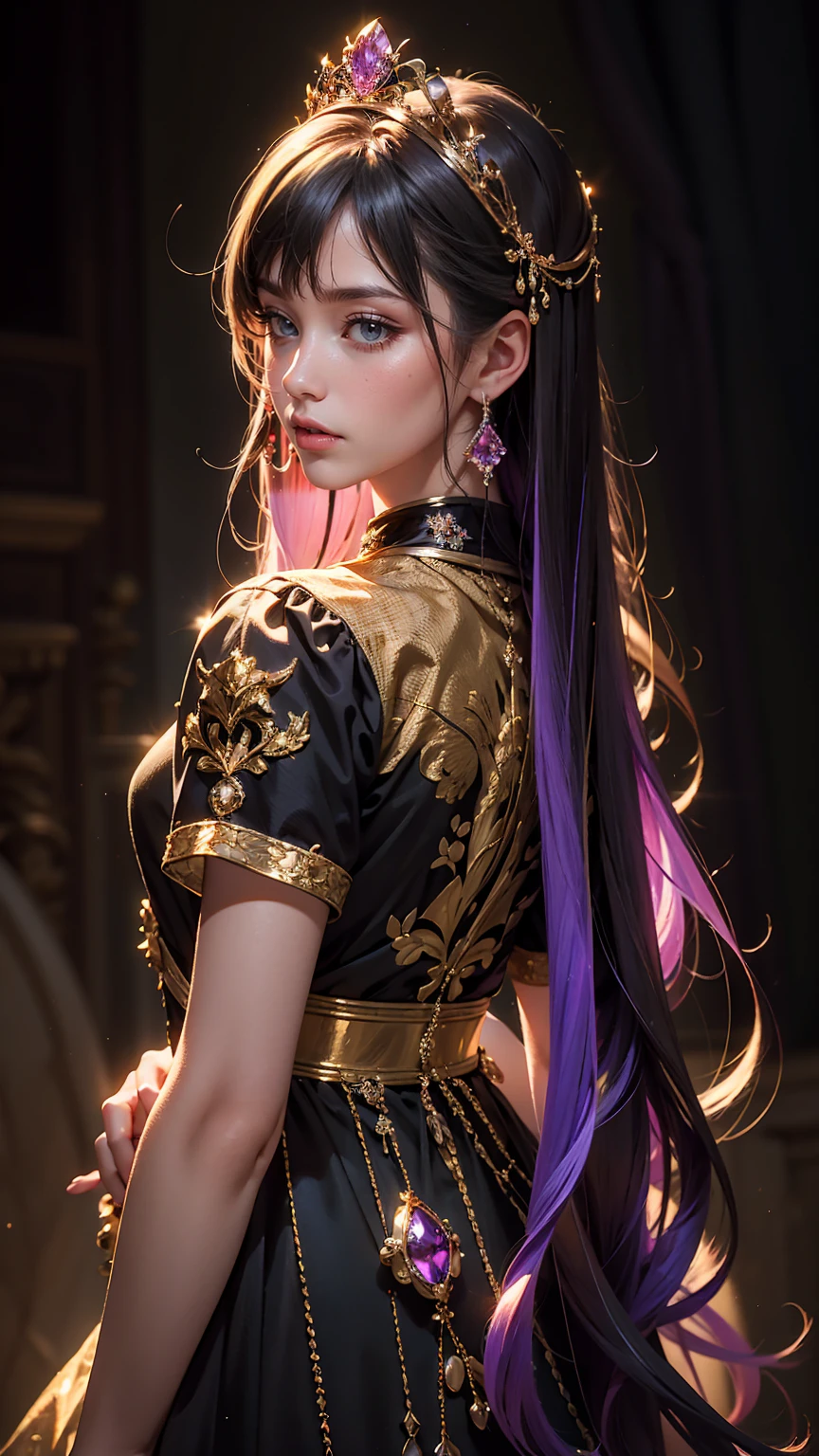 (((masterpiece))), highest quality, figure, 4K wallpaper, Cinematic Light, Absurd, Portrait of a Girl, Long Hair, Purple crystal hair, Shiny Hair, Bloom Hair, Clothing Princess, Look ahead