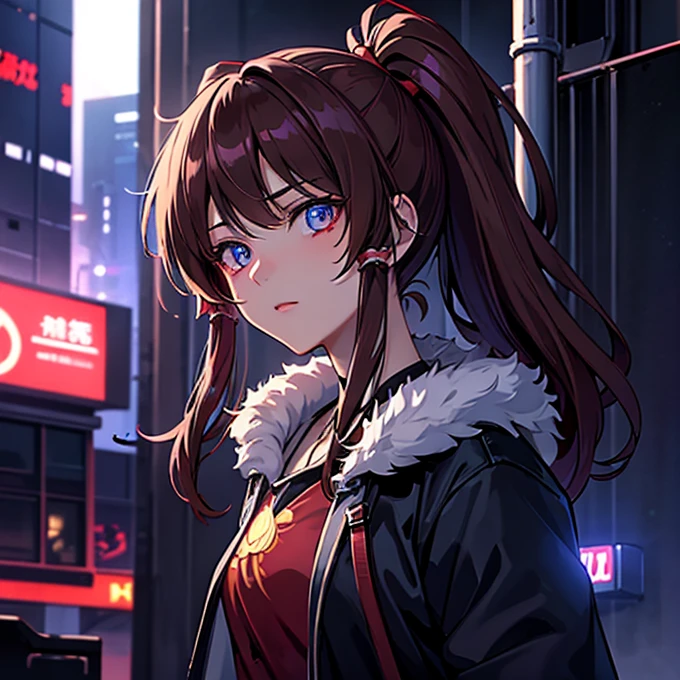 1 girl, Reimu Hakurie, touhou, masterpeice, brown hair, glowing blue eyes, glowing eyes, alternate costume, cyber punk art style, cyber punk background