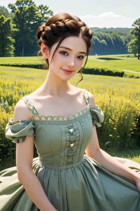 ((masterpiece, best quality))
 asa ebi, 1 woman, alone, brown hair, green eyes, hair updo, in a wildflower field, wearing a flow...