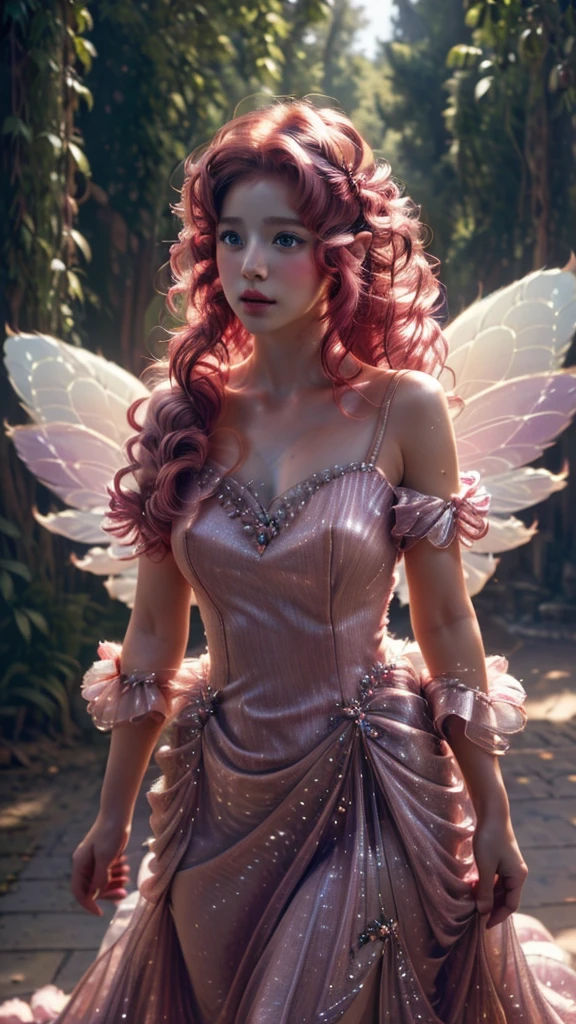 (masterpiece, best quality, high resolution: 1.4), 1girl, fairy wings pink dress, curly red hair, HD, photography, film, cinematic, full body, realistic, (8k, RAW photo, best quality, masterpiece: 1.2), (realistic, photo-realistic: 1.33), best quality, detailed eyes, beautiful, natural lighting, depth of field, film grain, wrinkled skin, sharp